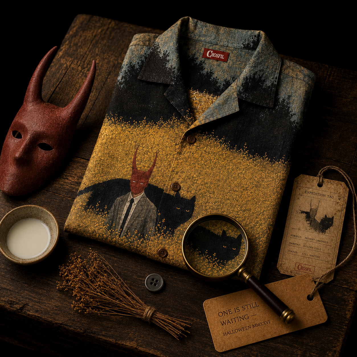 Crosfil Familiar Hawaiian Shirt — Folk Horror Black Cat Print