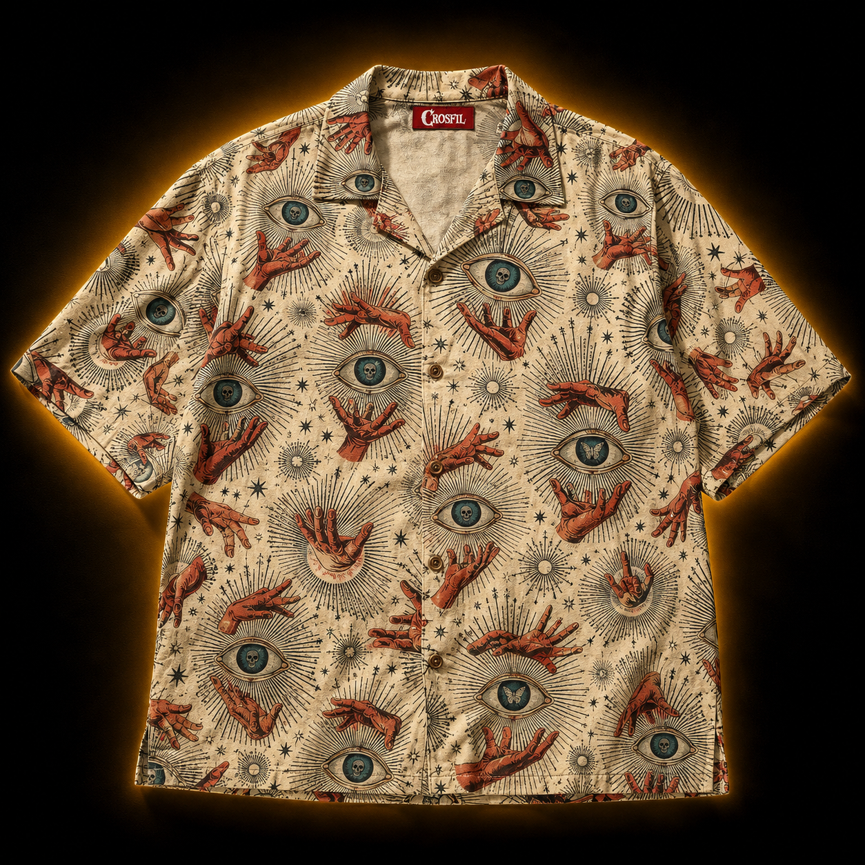 Crosfil Fortune Hawaiian Shirt — Occult Eye & Hands Aloha Print