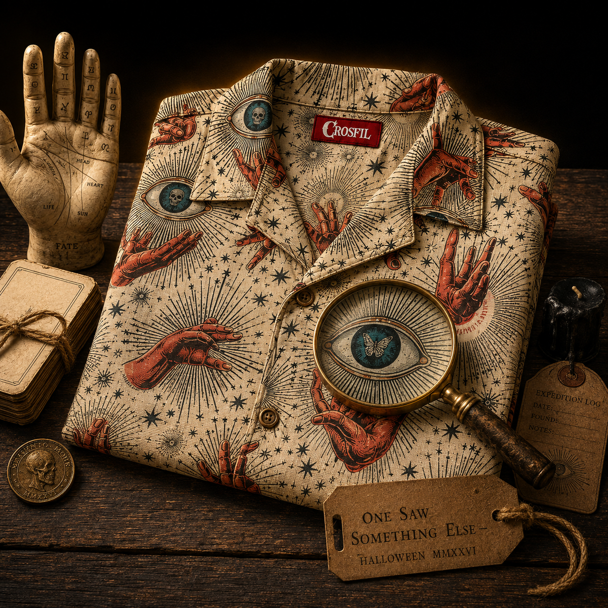 Crosfil Fortune Hawaiian Shirt — Occult Eye & Hands Aloha Print
