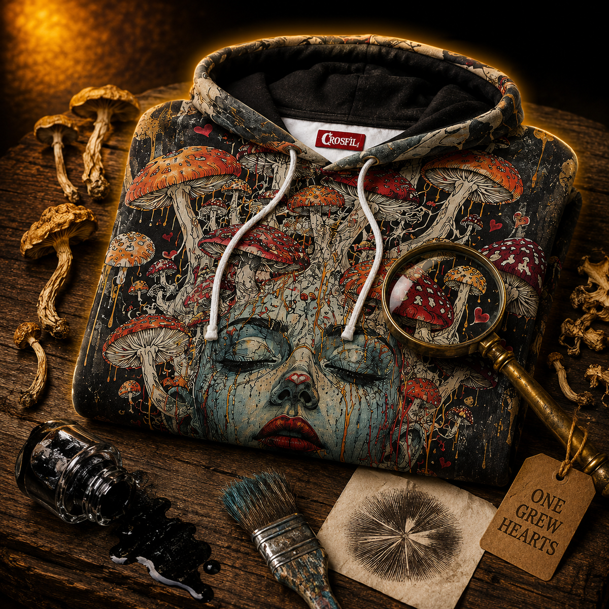 Crosfil Fruiting Body Hoodie — Psychedelic Mushroom Head Art Print