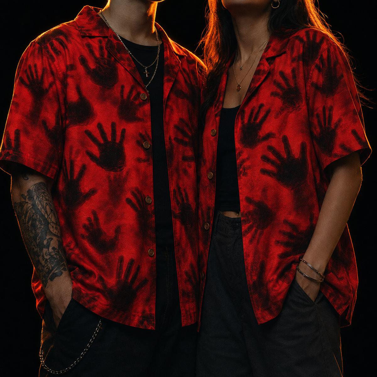 Crosfil The Lining Hawaiian Shirt — Trapped Hands Red Horror Print