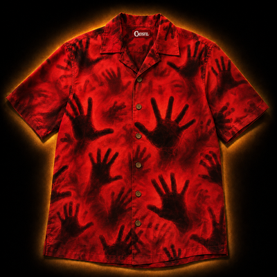 Crosfil The Lining Hawaiian Shirt — Trapped Hands Red Horror Print