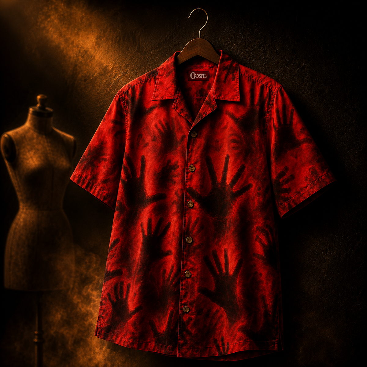 Crosfil The Lining Hawaiian Shirt — Trapped Hands Red Horror Print