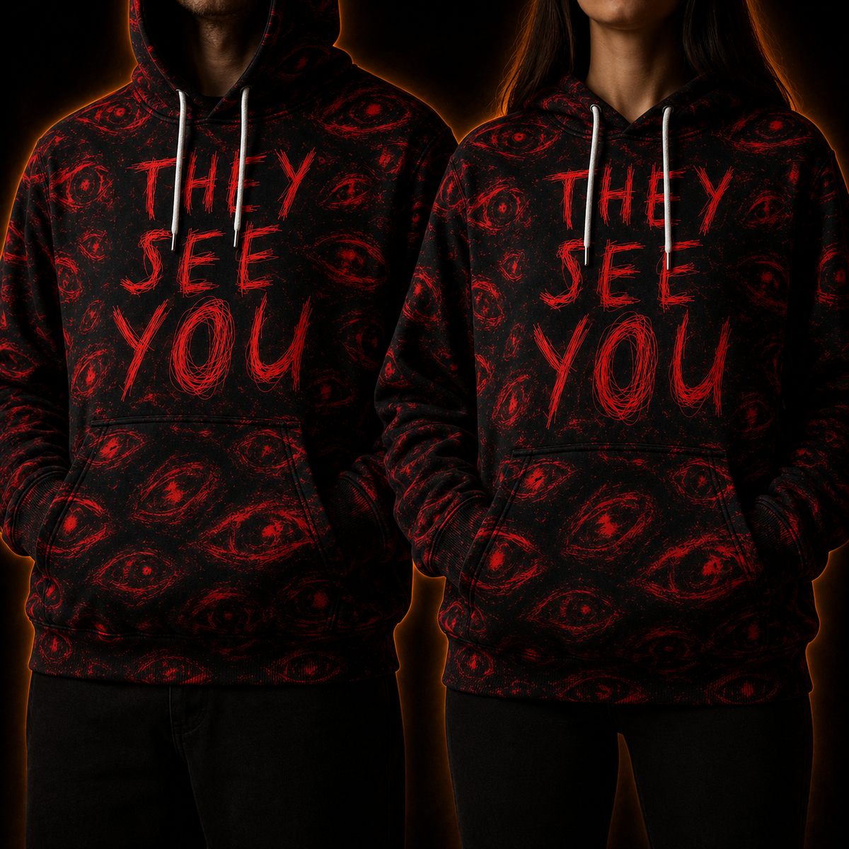 Crosfil They See You Hoodie — Red Glow Eyes Horror Text Print