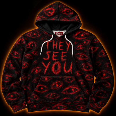 Crosfil They See You Hoodie — Red Glow Eyes Horror Text Print