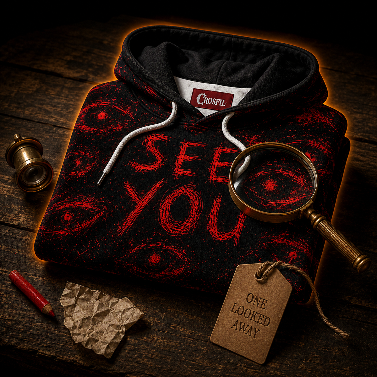 Crosfil They See You Hoodie — Red Glow Eyes Horror Text Print