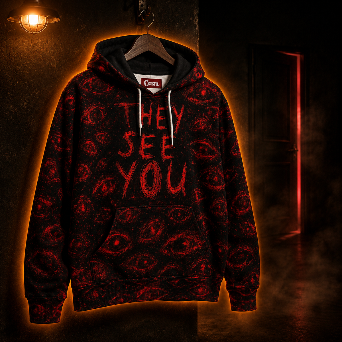 Crosfil They See You Hoodie — Red Glow Eyes Horror Text Print