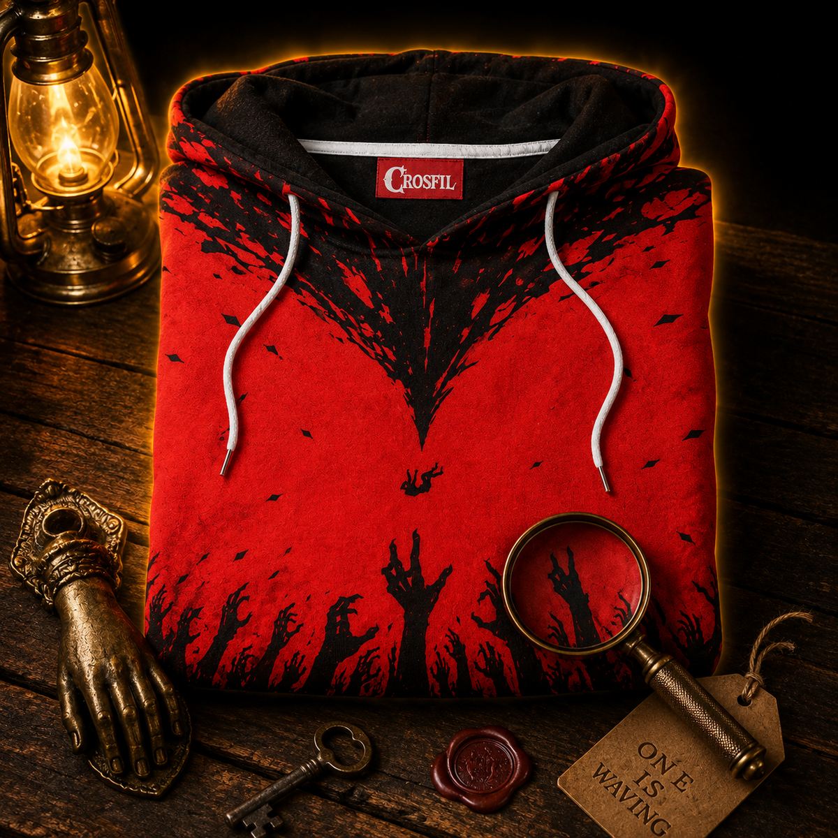 Crosfil Welcome Home Hoodie — Red Horror Hands All-Over Print