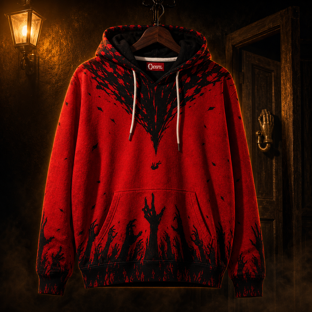 Crosfil Welcome Home Hoodie — Red Horror Hands All-Over Print