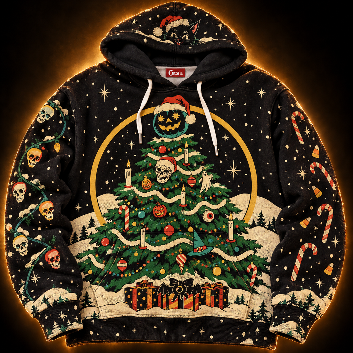 Deck The Hallows hoodie front — haunted Christmas tree with jack-o'-lantern topper, retro screenprint print