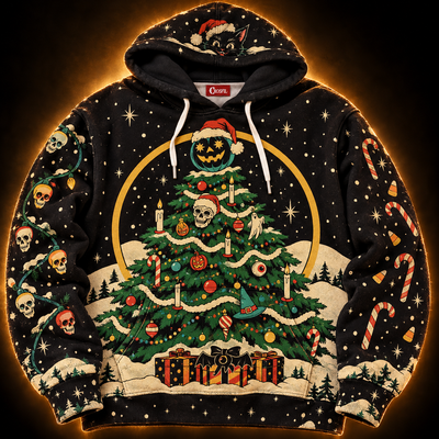 Deck The Hallows hoodie front — haunted Christmas tree with jack-o'-lantern topper, retro screenprint print