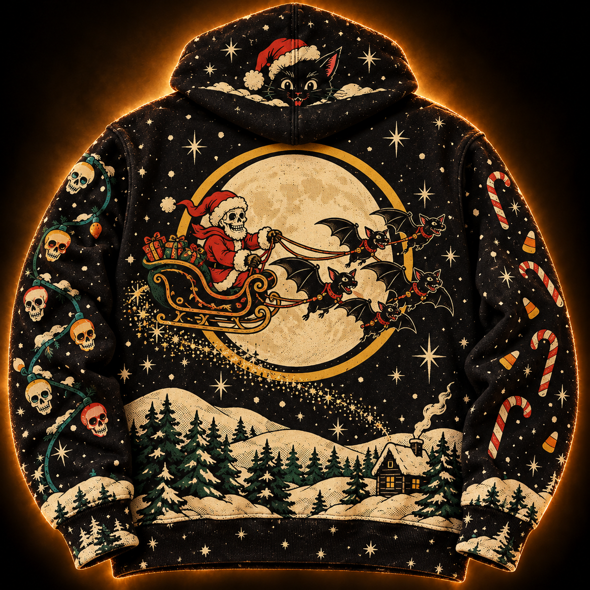 Deck The Hallows hoodie back — skeleton Santa sleigh pulled by bats across the full moon