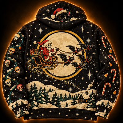 Deck The Hallows hoodie back — skeleton Santa sleigh pulled by bats across the full moon