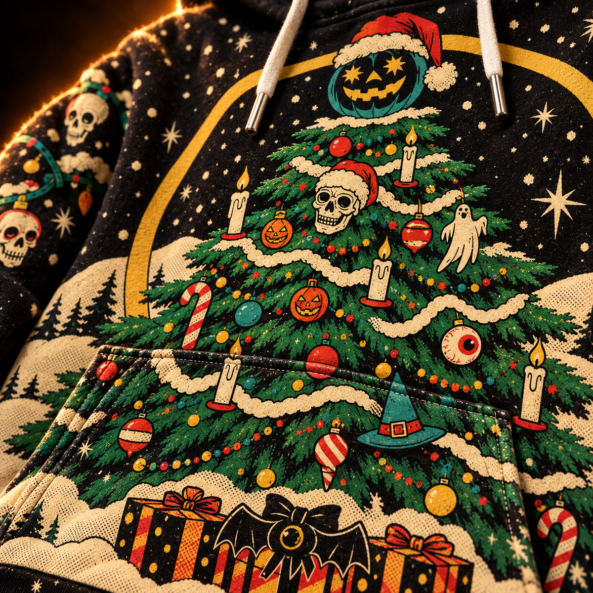 Close-up of the Deck The Hallows hoodie print — skull, ghost and pumpkin ornaments