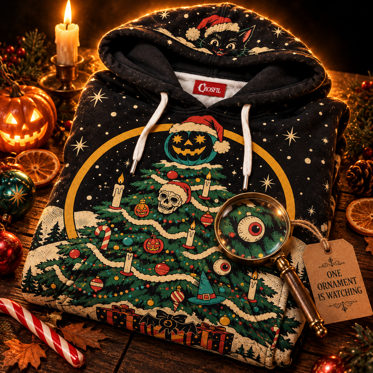 Deck The Hallows hoodie folded with Christmas and Halloween props