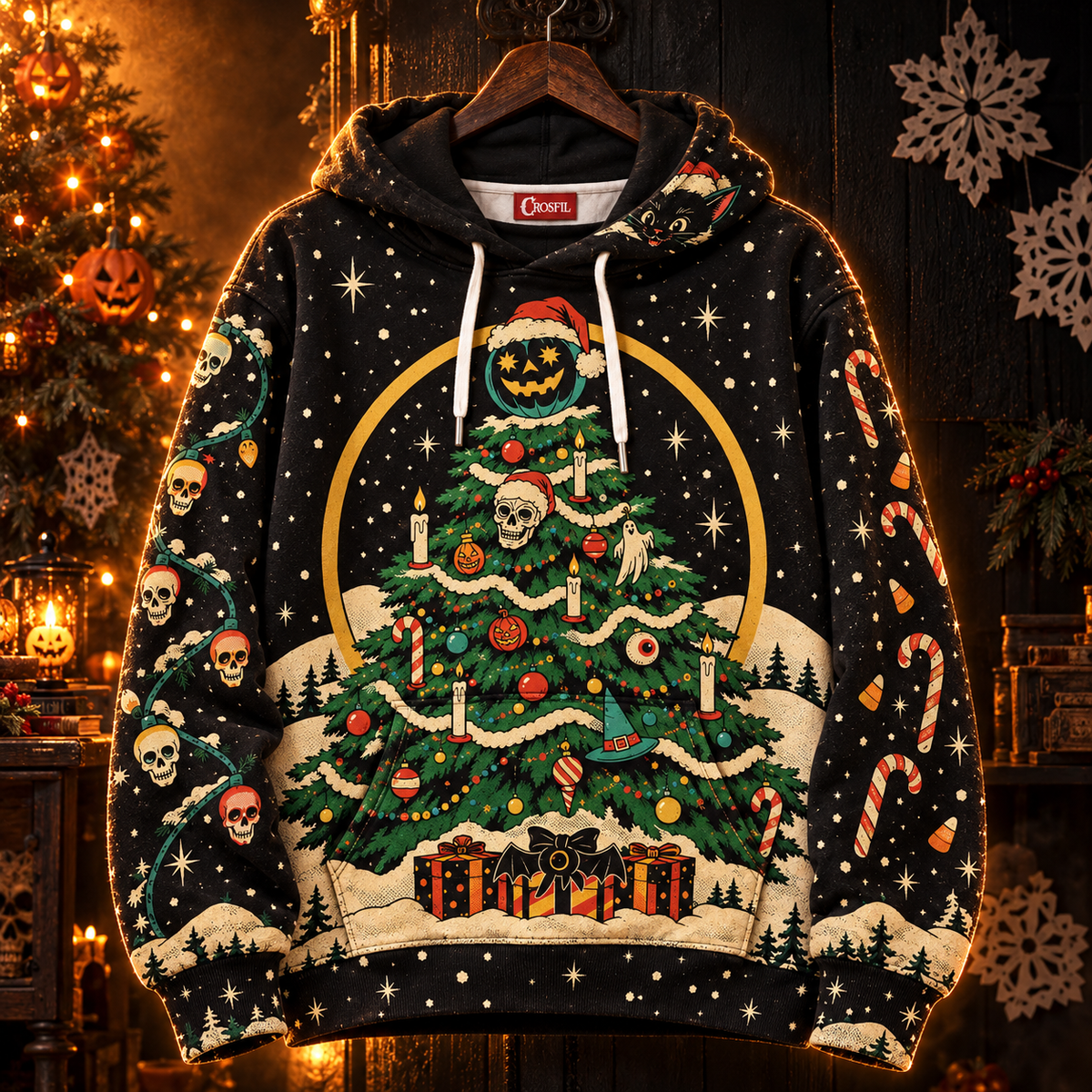 Deck The Hallows hoodie hanging on a wooden hanger