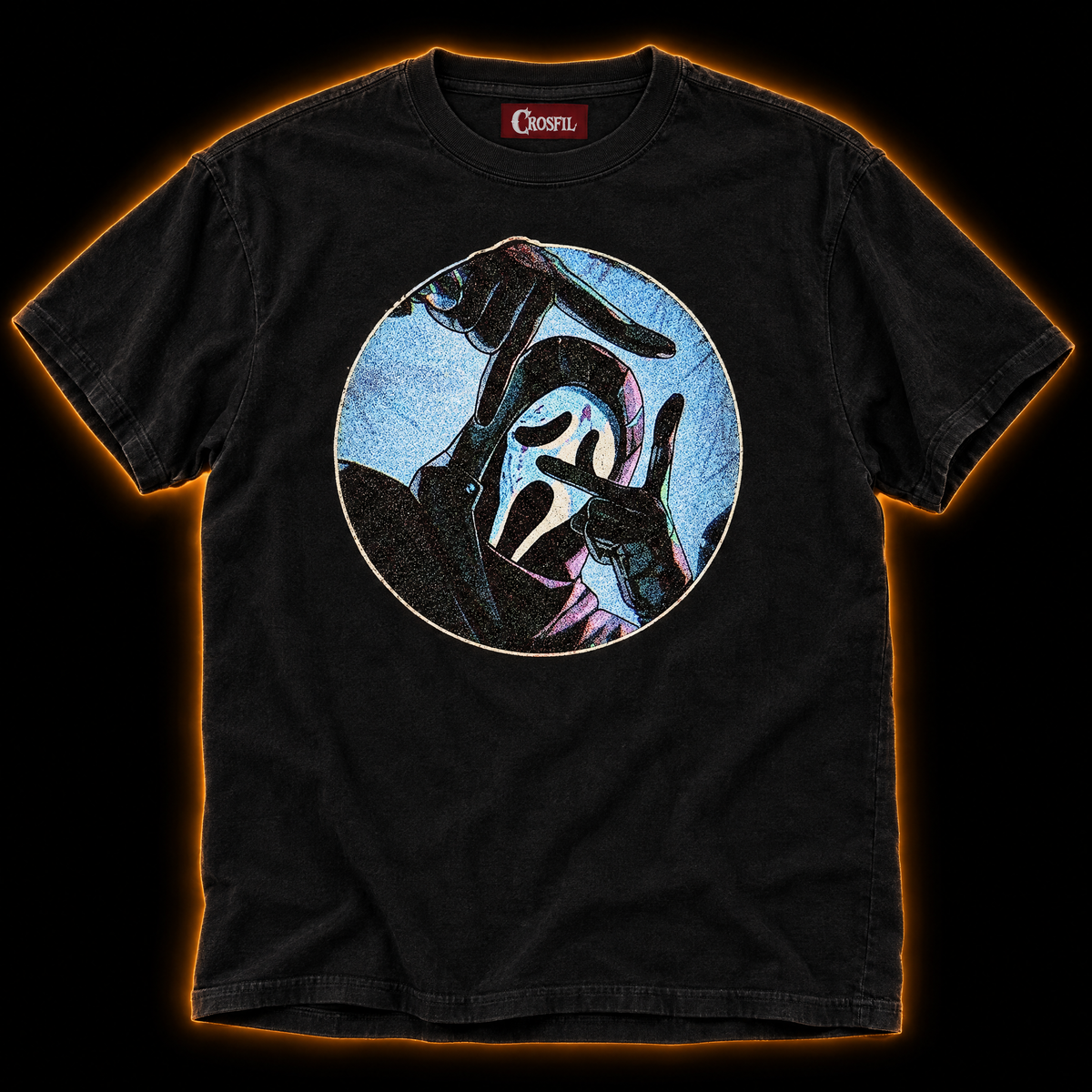Director's Cut black T-shirt — masked killer camera frame comic print