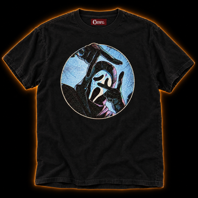 Director's Cut black T-shirt — masked killer camera frame comic print