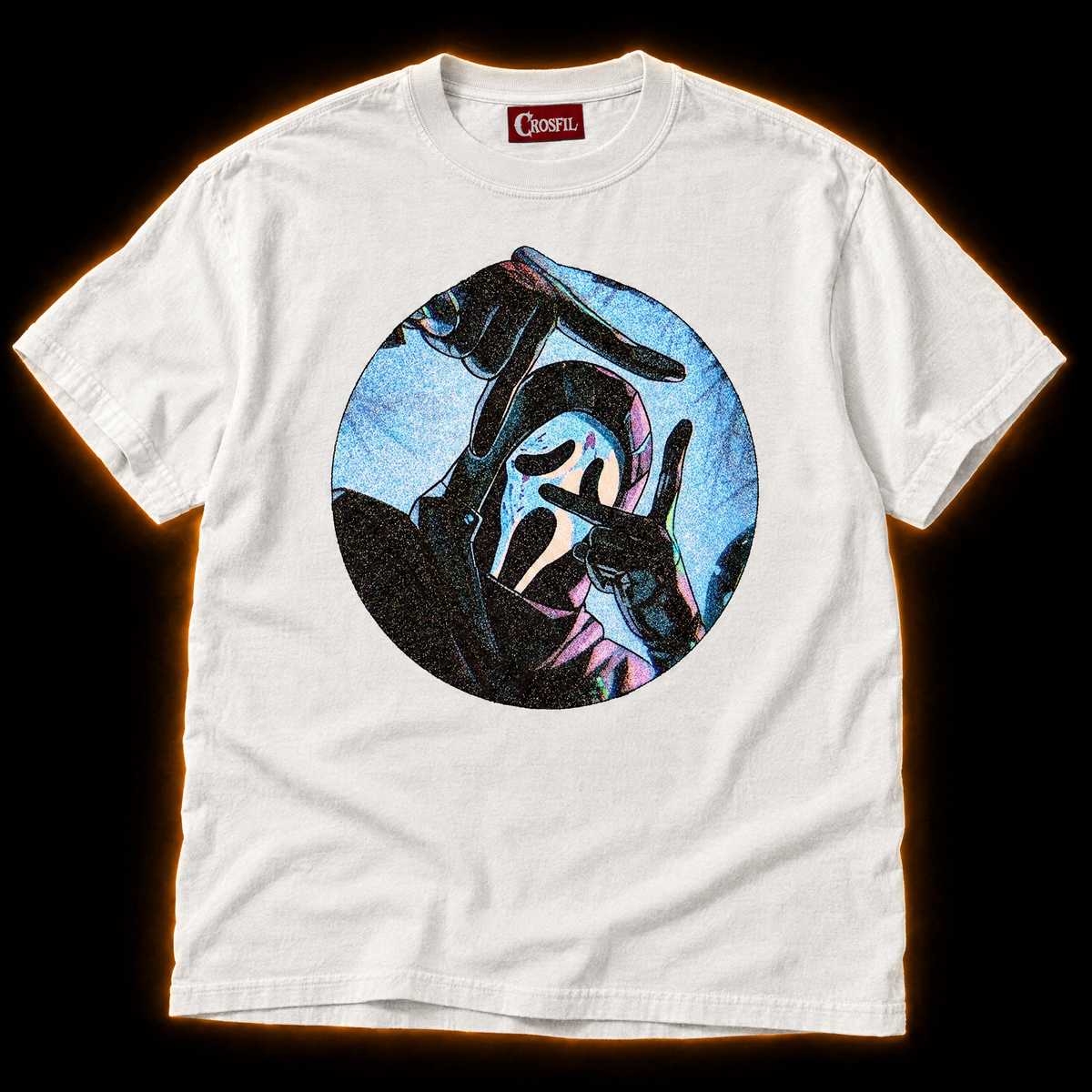Director's Cut white T-shirt — masked killer camera frame comic print