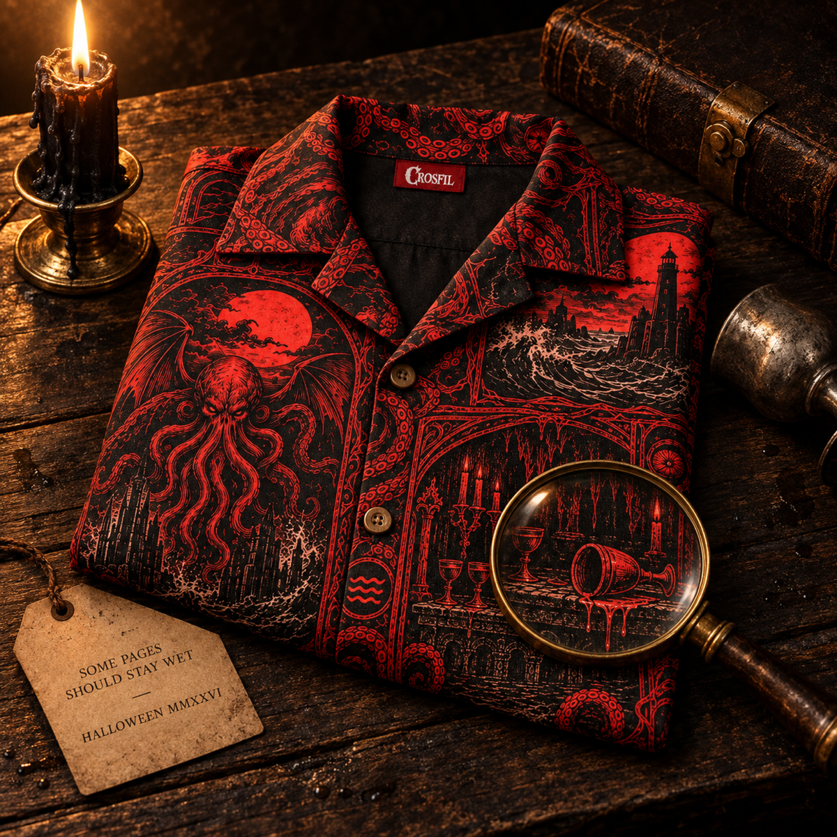 Drowned Pages Hawaiian Shirt — Grimoire Patchwork Print