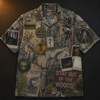 Crosfil The Evidence Wall Hawaiian Shirt — Cryptid Patch & Polaroid Print