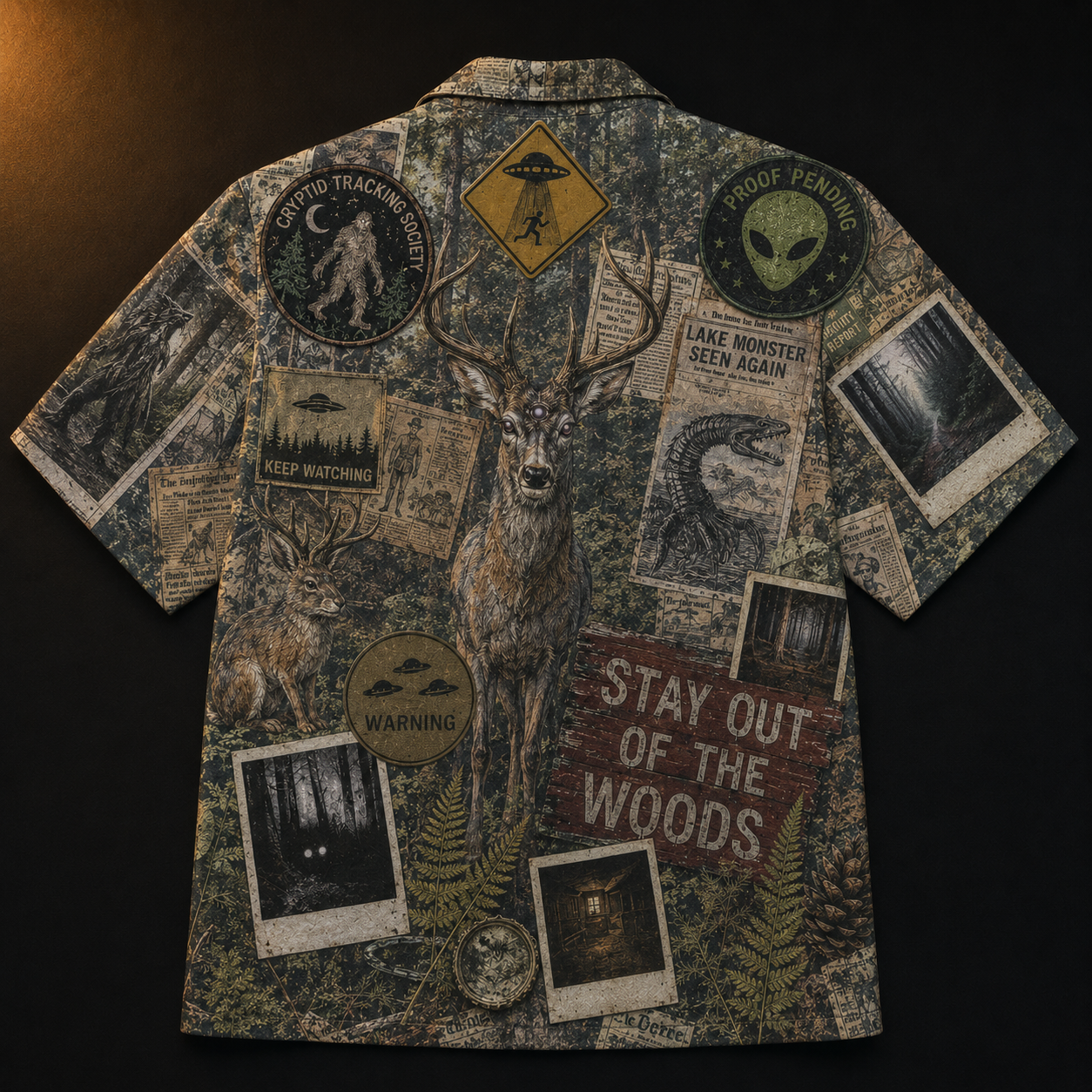 Crosfil The Evidence Wall Hawaiian Shirt — Cryptid Patch & Polaroid Print