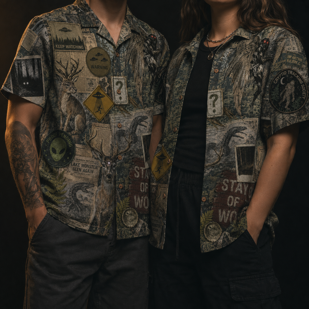 Crosfil The Evidence Wall Hawaiian Shirt — Cryptid Patch & Polaroid Print