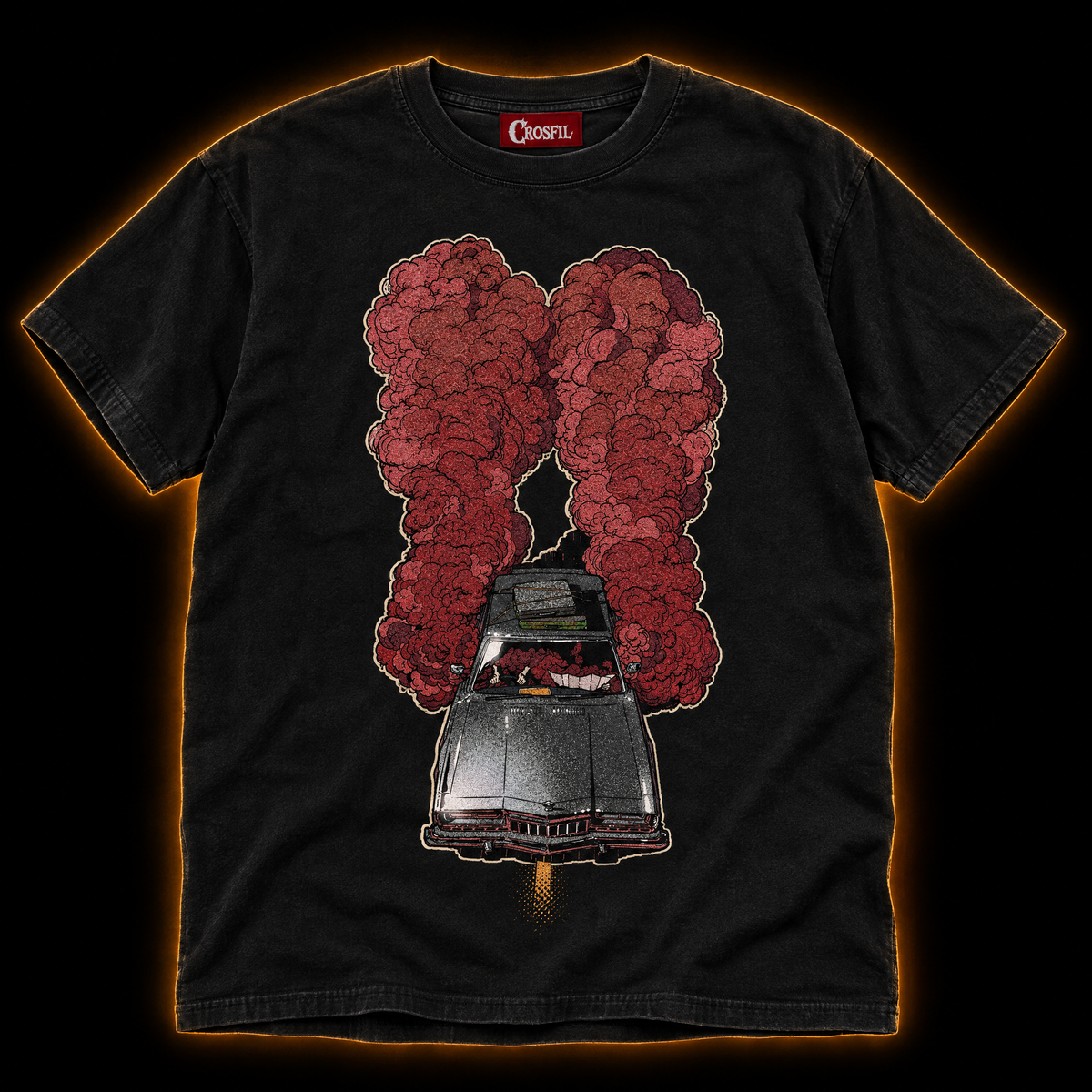 Getaway Smoke black T-shirt — red smoke muscle car comic print