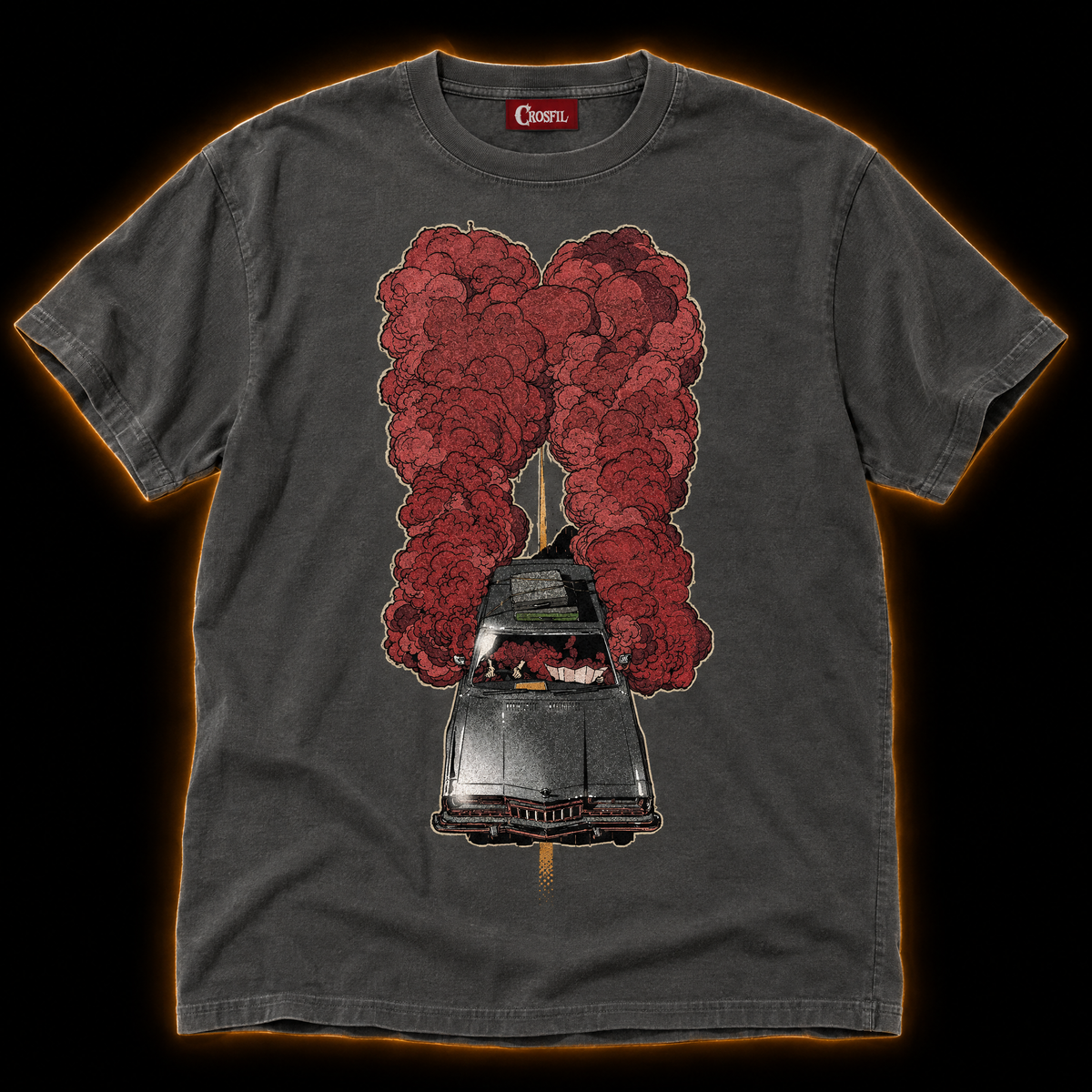 Getaway Smoke pepper T-shirt — red smoke muscle car comic print