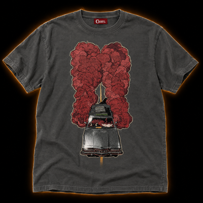 Getaway Smoke pepper T-shirt — red smoke muscle car comic print