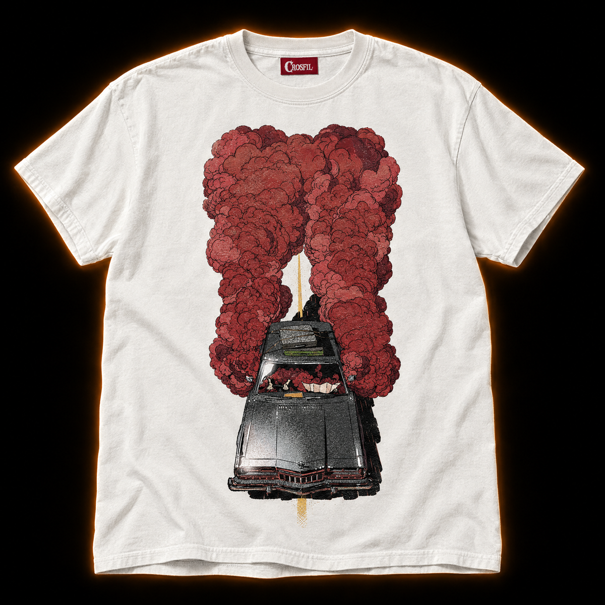 Getaway Smoke white T-shirt — red smoke muscle car comic print