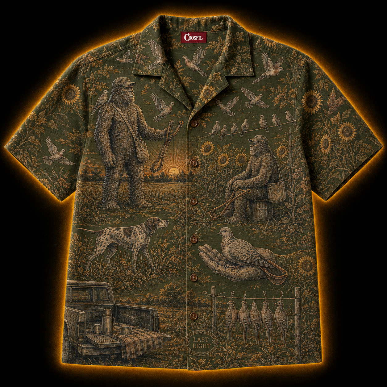 Crosfil Last Light Hawaiian Shirt — Bigfoot Hunt Olive Toile Print