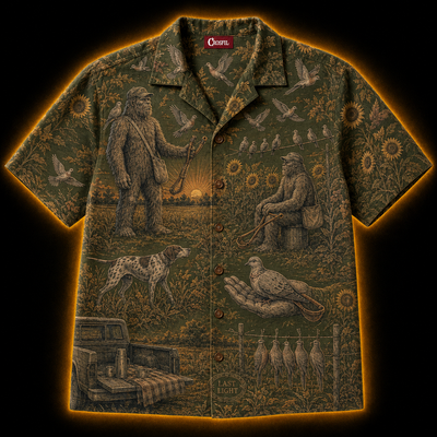 Crosfil Last Light Hawaiian Shirt — Bigfoot Hunt Olive Toile Print