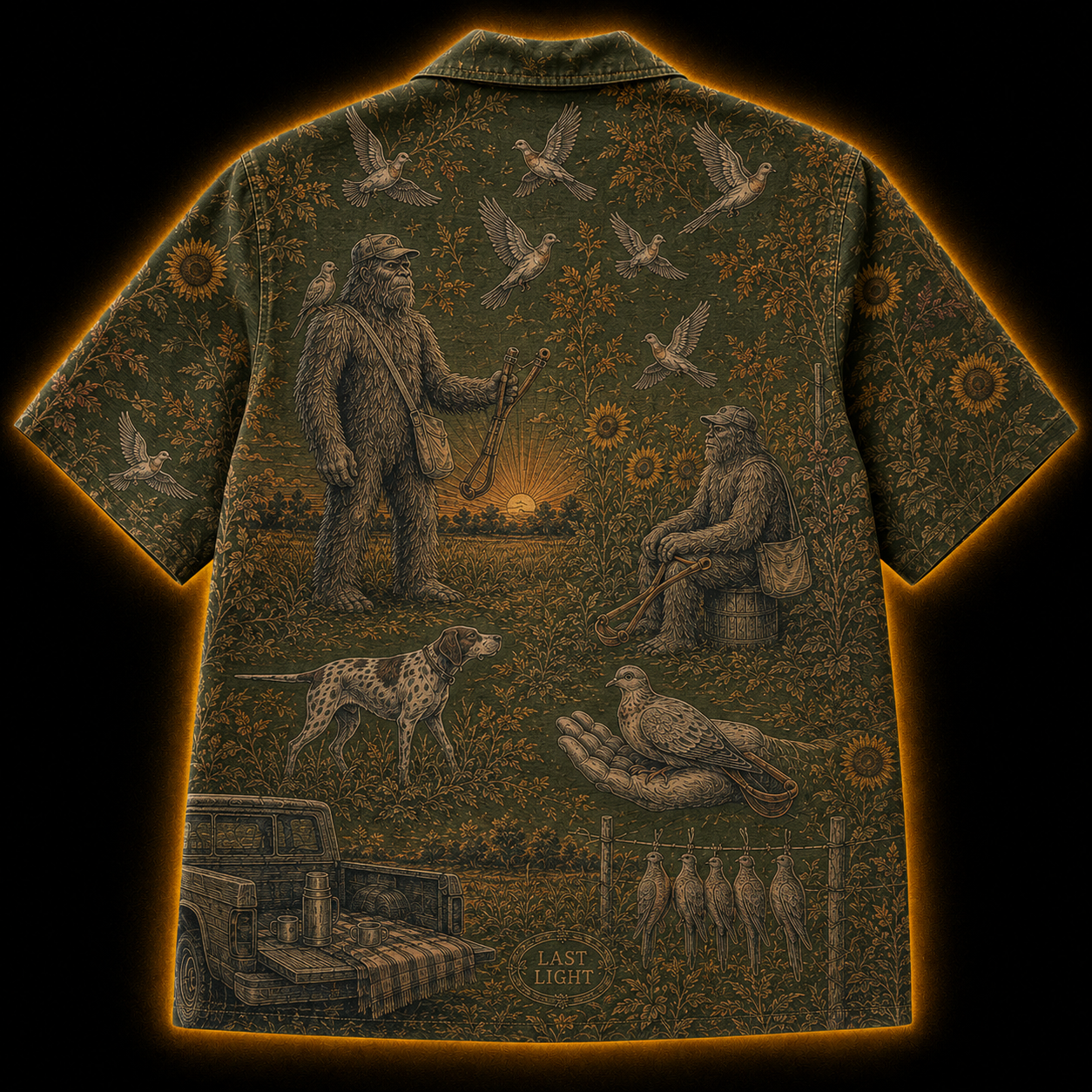 Crosfil Last Light Hawaiian Shirt — Bigfoot Hunt Olive Toile Print