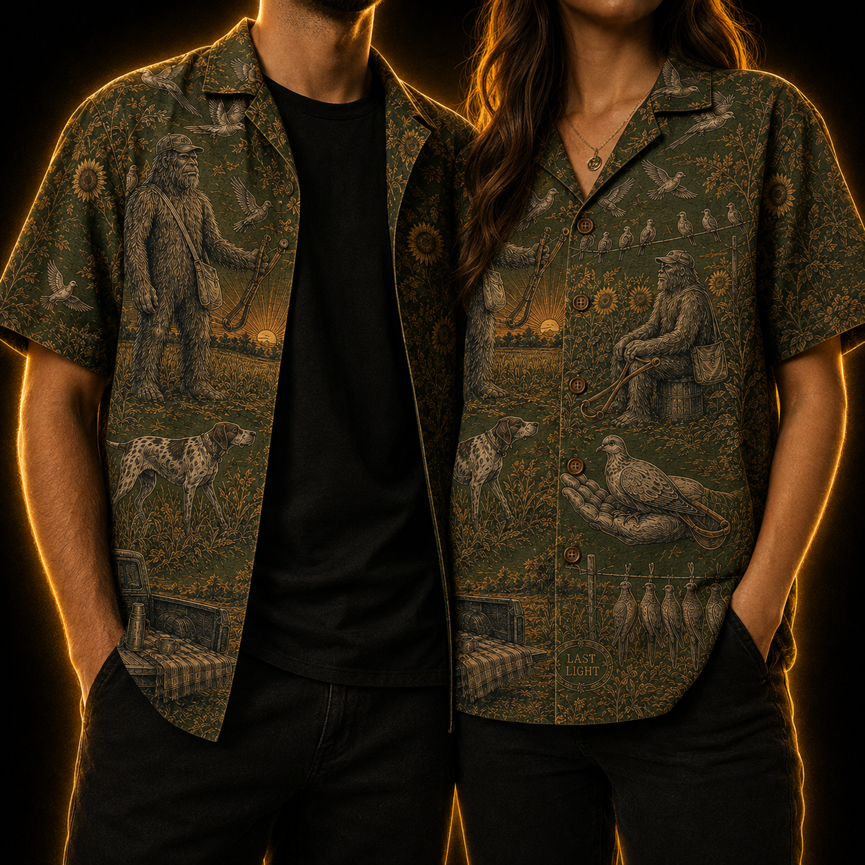 Crosfil Last Light Hawaiian Shirt — Bigfoot Hunt Olive Toile Print