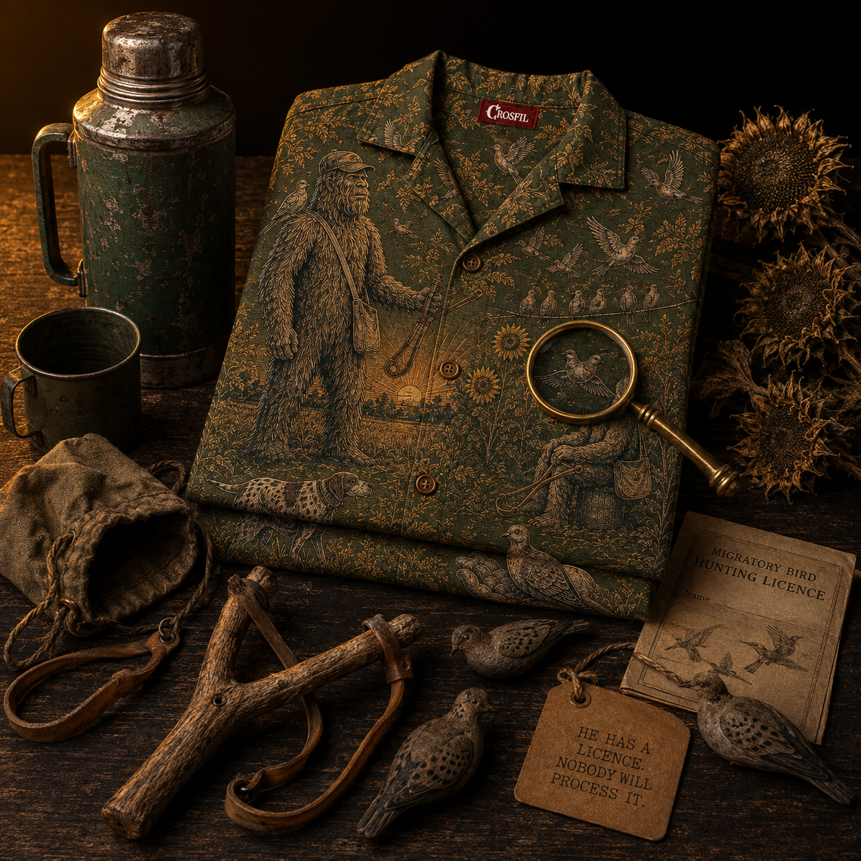 Crosfil Last Light Hawaiian Shirt — Bigfoot Hunt Olive Toile Print
