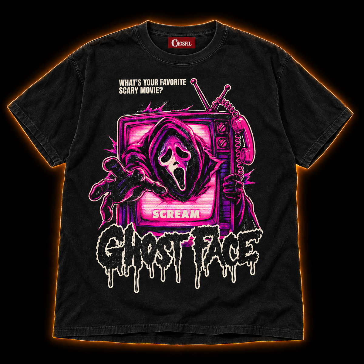 Late Night Feature black pink neon horror T-shirt — hooded masked killer crawling out of a retro CRT TV with a phone handset