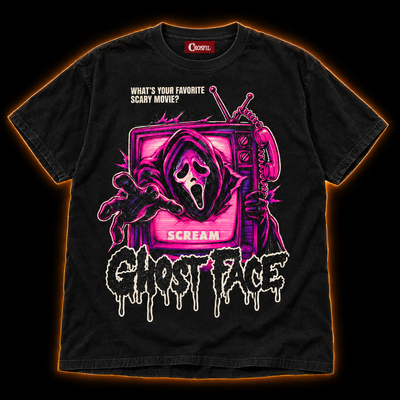 Late Night Feature black pink neon horror T-shirt — hooded masked killer crawling out of a retro CRT TV with a phone handset
