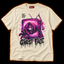 Late Night Feature ivory pink neon horror T-shirt — hooded masked killer crawling out of a retro CRT TV with a phone handset