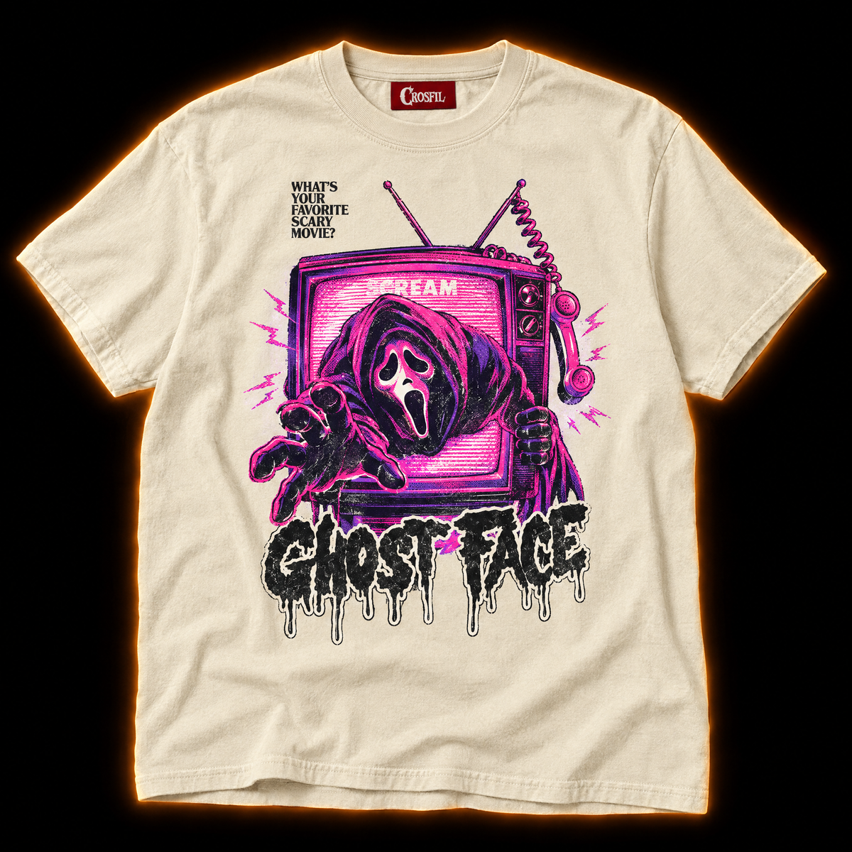 Late Night Feature ivory pink neon horror T-shirt — hooded masked killer crawling out of a retro CRT TV with a phone handset
