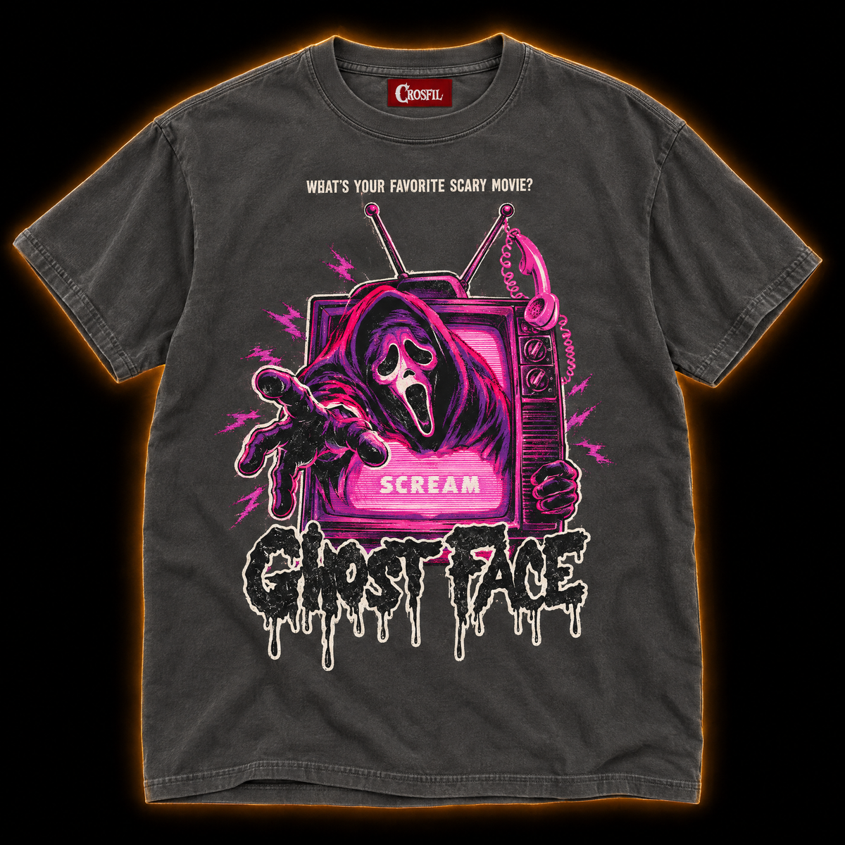 Late Night Feature pepper pink neon horror T-shirt — hooded masked killer crawling out of a retro CRT TV with a phone handset