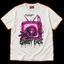 Late Night Feature white pink neon horror T-shirt — hooded masked killer crawling out of a retro CRT TV with a phone handset