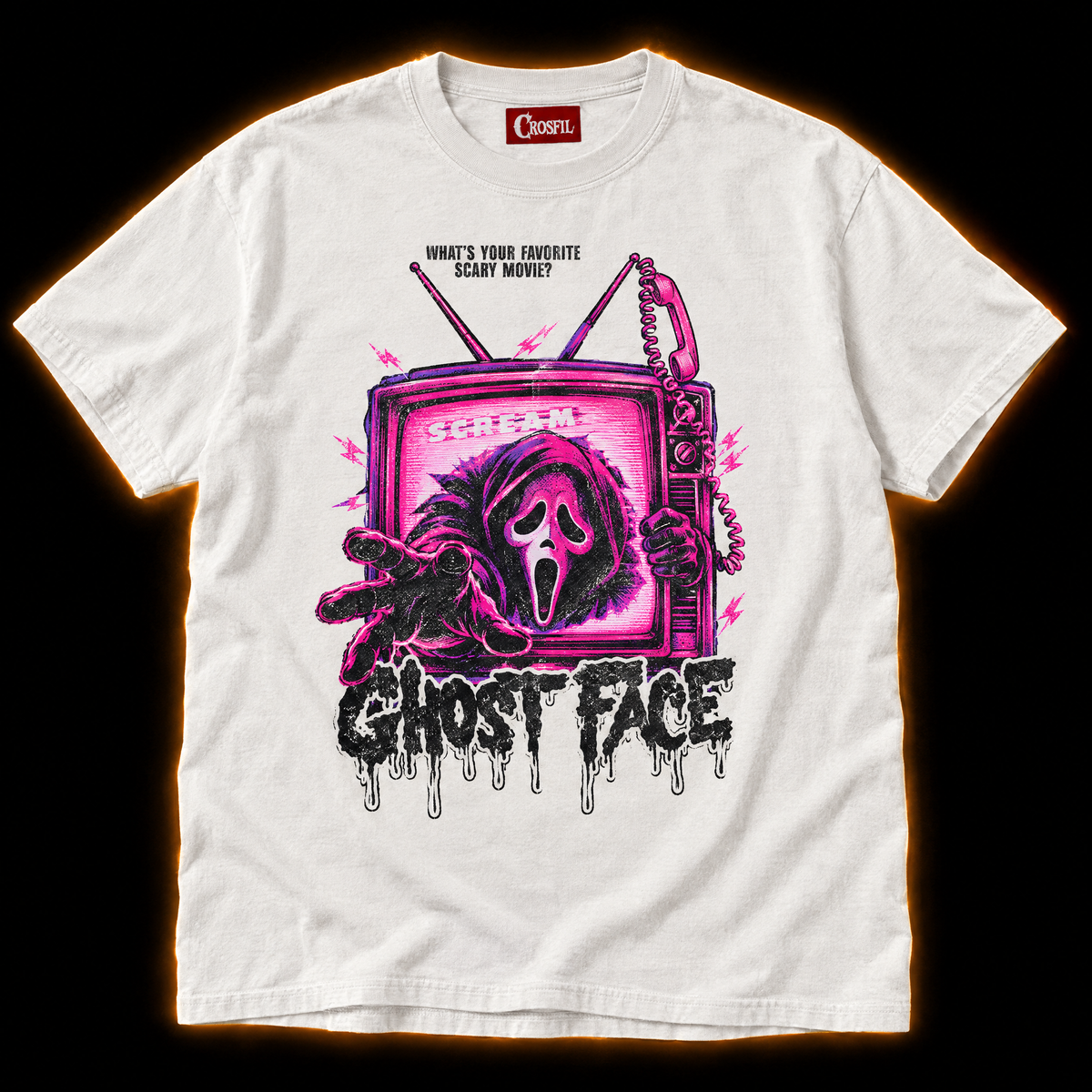 Late Night Feature white pink neon horror T-shirt — hooded masked killer crawling out of a retro CRT TV with a phone handset