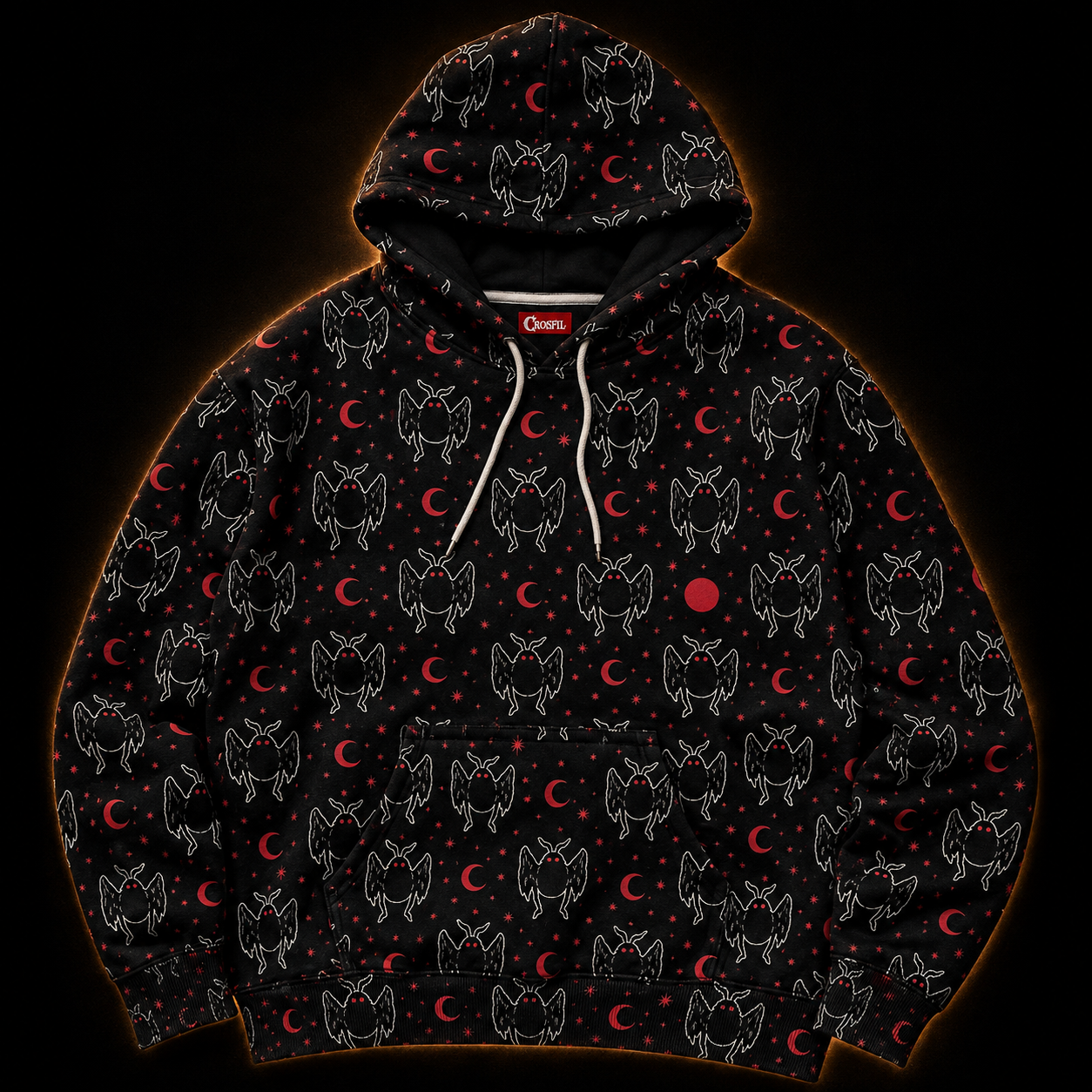 Crosfil Little Omens Hoodie — Mothman & Red Moon All-Over Print
