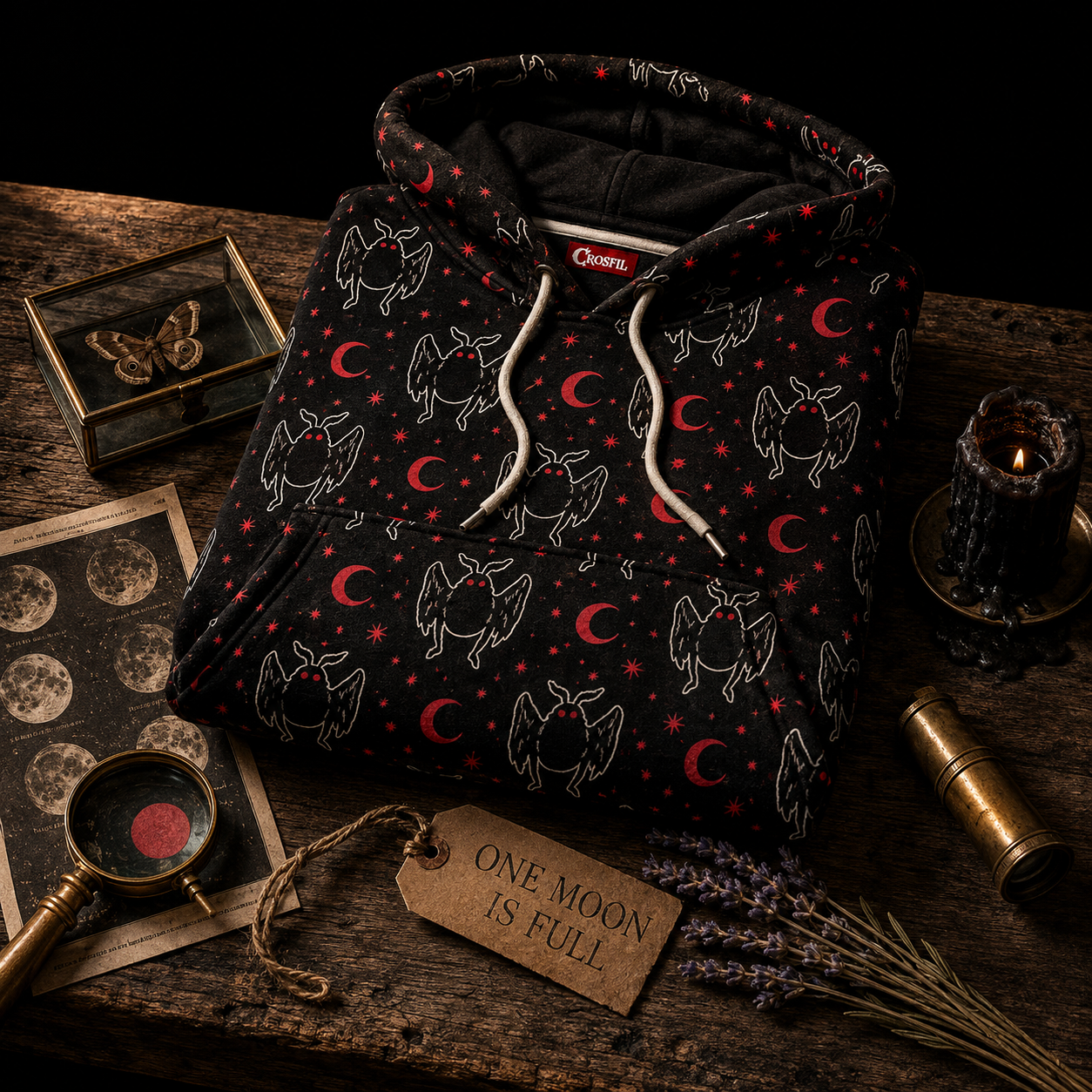 Crosfil Little Omens Hoodie — Mothman & Red Moon All-Over Print