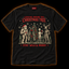 Lurking Around The Tree black cryptid Christmas T-shirt — Bigfoot in a Santa hat, Mothman, alien and antlered forest creature by a Christmas tree