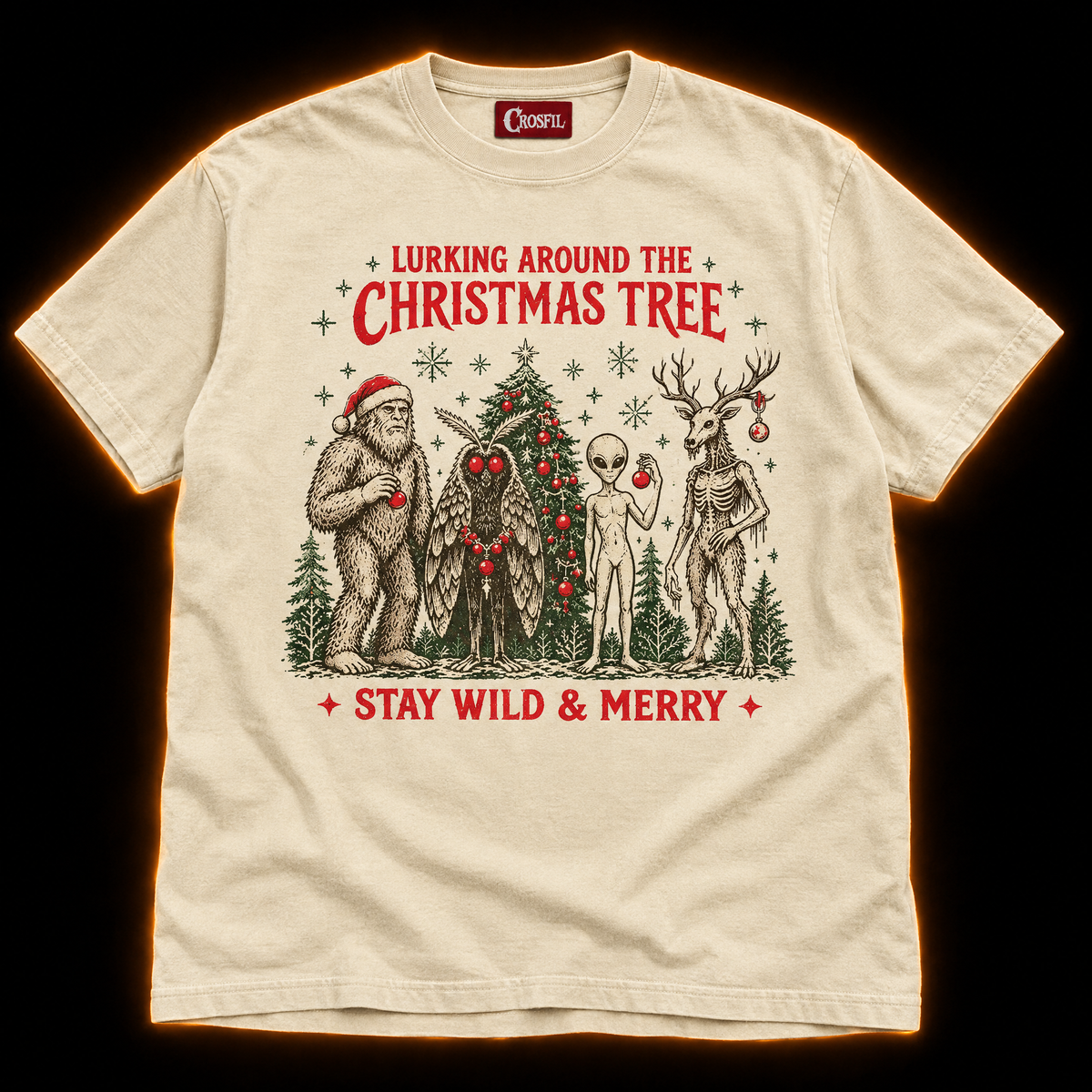 Lurking Around The Tree ivory cryptid Christmas T-shirt — Bigfoot in a Santa hat, Mothman, alien and antlered forest creature by a Christmas tree