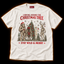 Lurking Around The Tree white cryptid Christmas T-shirt — Bigfoot in a Santa hat, Mothman, alien and antlered forest creature by a Christmas tree