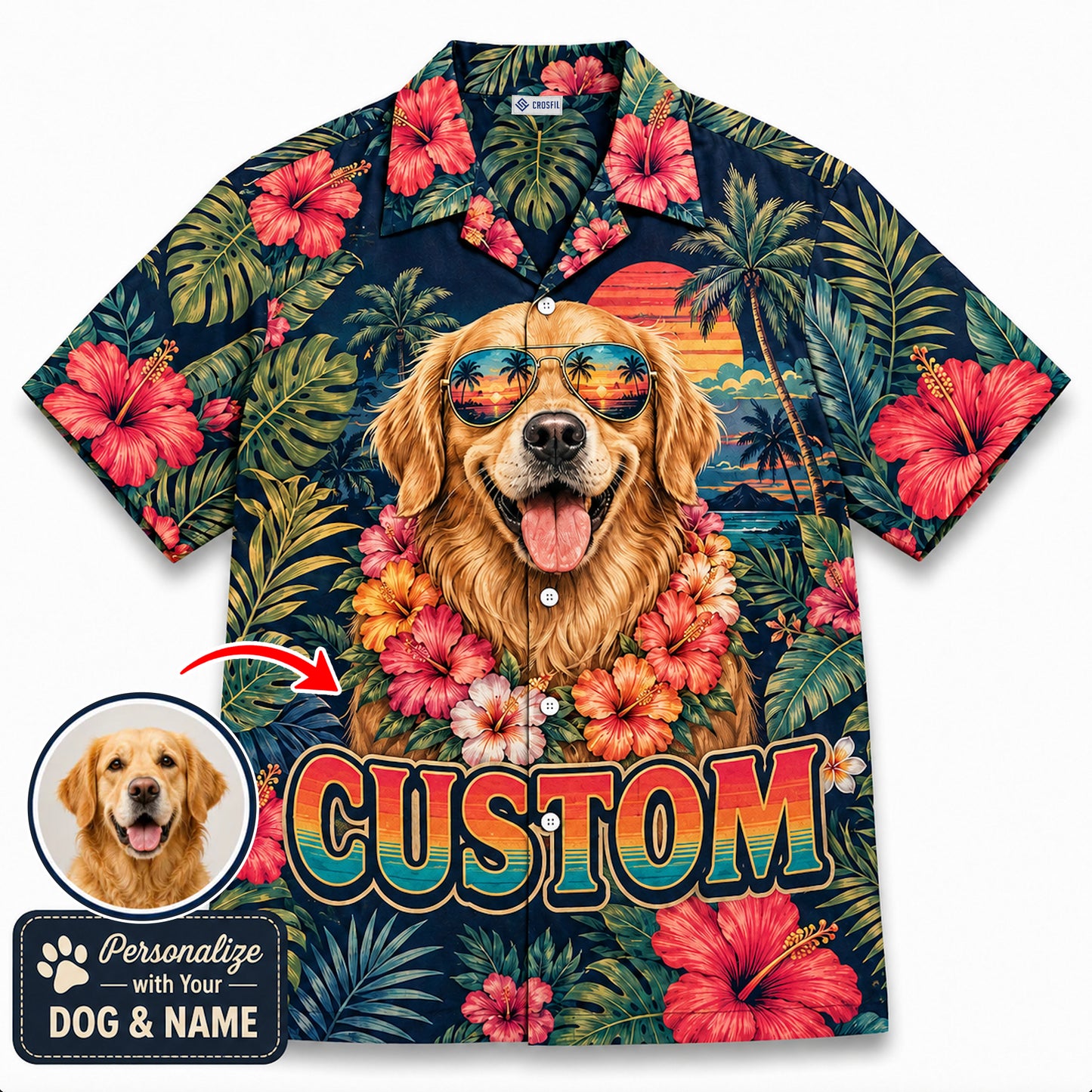 Custom Dog & Text Tropical Sunset Hawaiian Shirt — Personalized Hibiscus Aloha