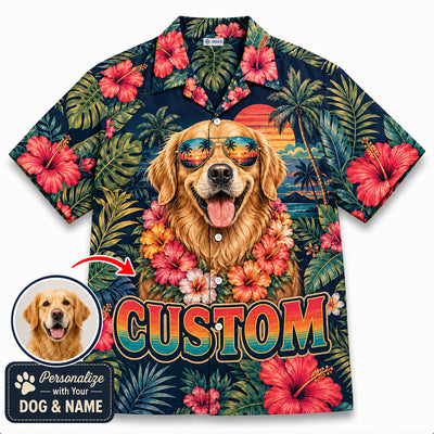 Custom Dog & Text Tropical Sunset Hawaiian Shirt — Personalized Hibiscus Aloha